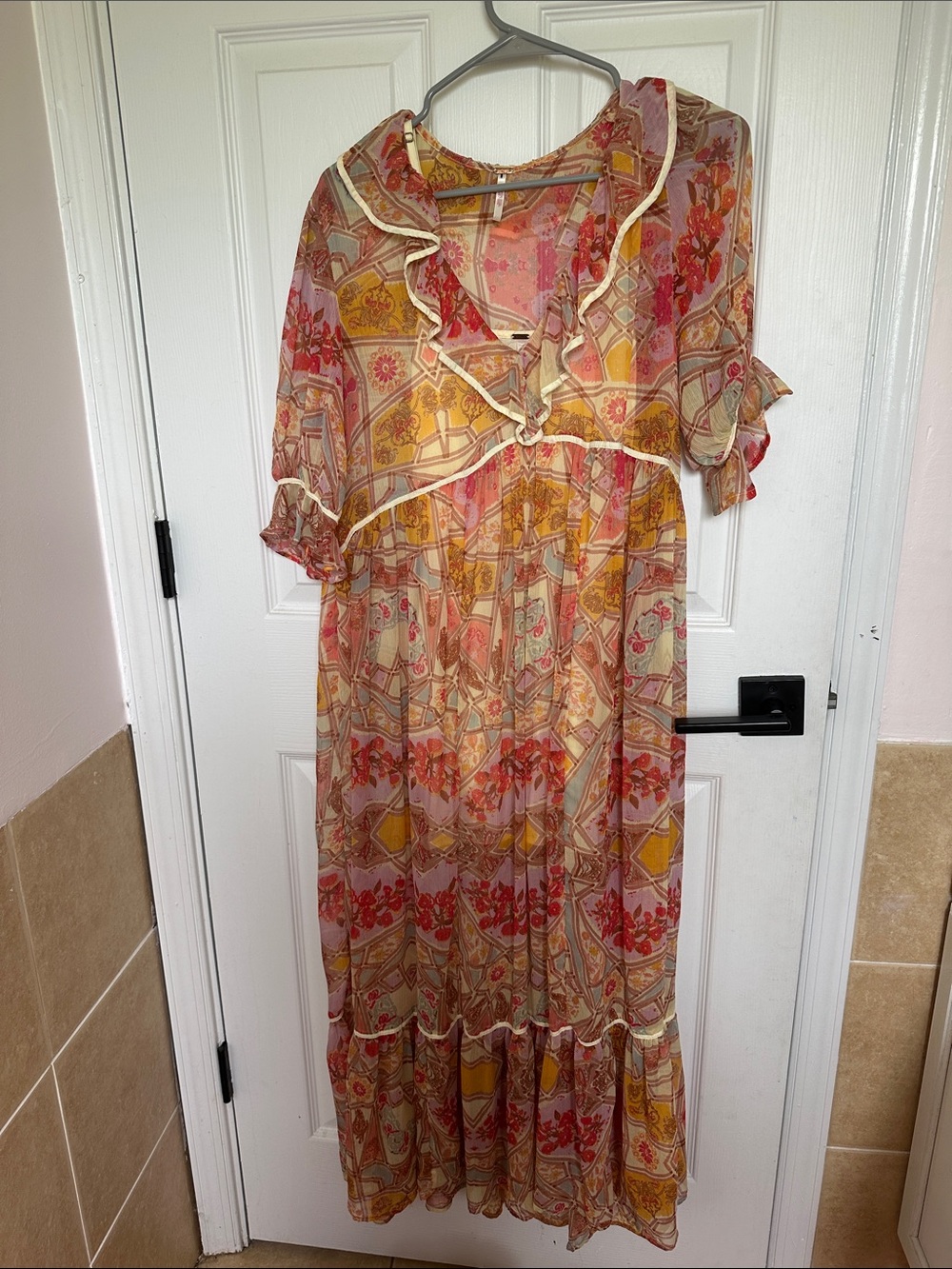 Free People Ruffle-Trim Maxi Dress in Coral, Mustard and Cream